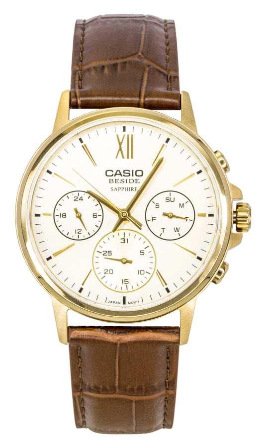 Casio Beside Analog Lederarmband Gold Dial Quarz BMS-300GL-5AV Herrenuhr