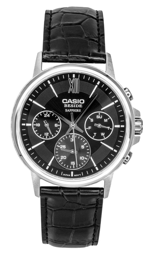 Casio Beside Analog Lederarmband Schwarzes Zifferblatt Quarz BMS-300L-1AV Herrenuhr