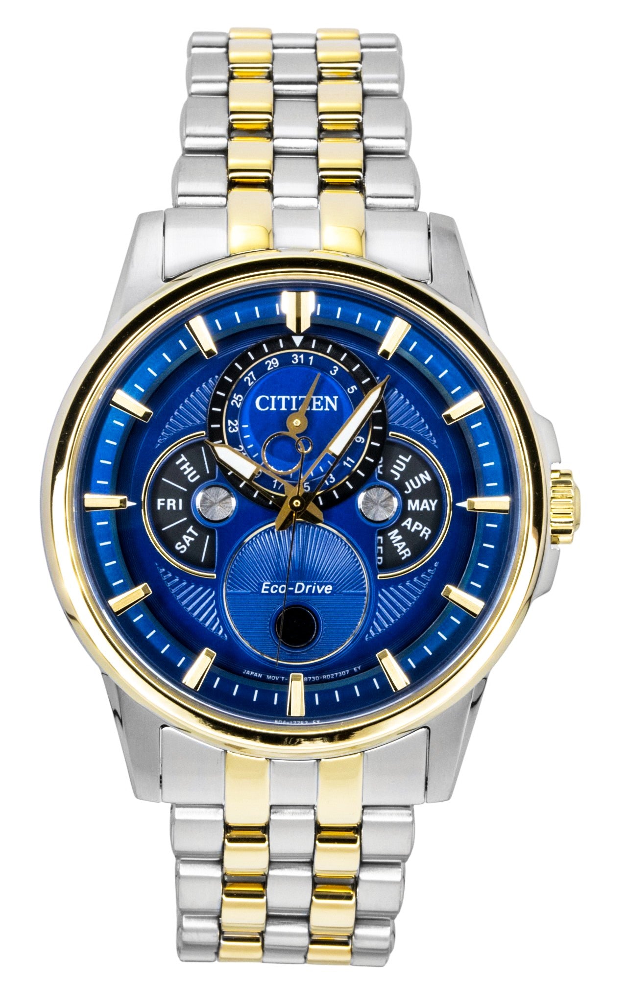 Citizen Calendrier Moonphase Two Tone Edelstahl Blaues Zifferblatt Eco-Drive BU0054-52L 100M Herrenuhr