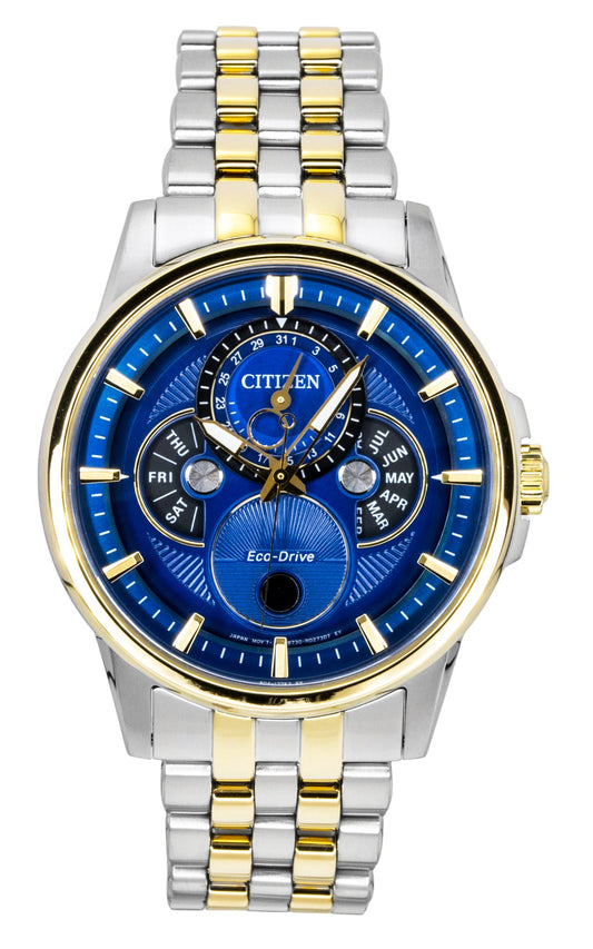 Citizen Calendrier Moonphase Two Tone Edelstahl Blaues Zifferblatt Eco-Drive BU0054-52L 100M Herrenuhr