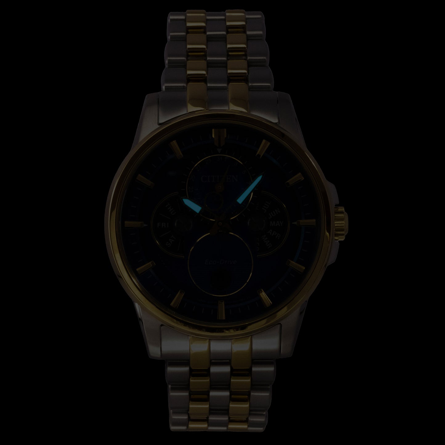 Citizen Calendrier Moonphase Two Tone Edelstahl Blaues Zifferblatt Eco-Drive BU0054-52L 100M Herrenuhr
