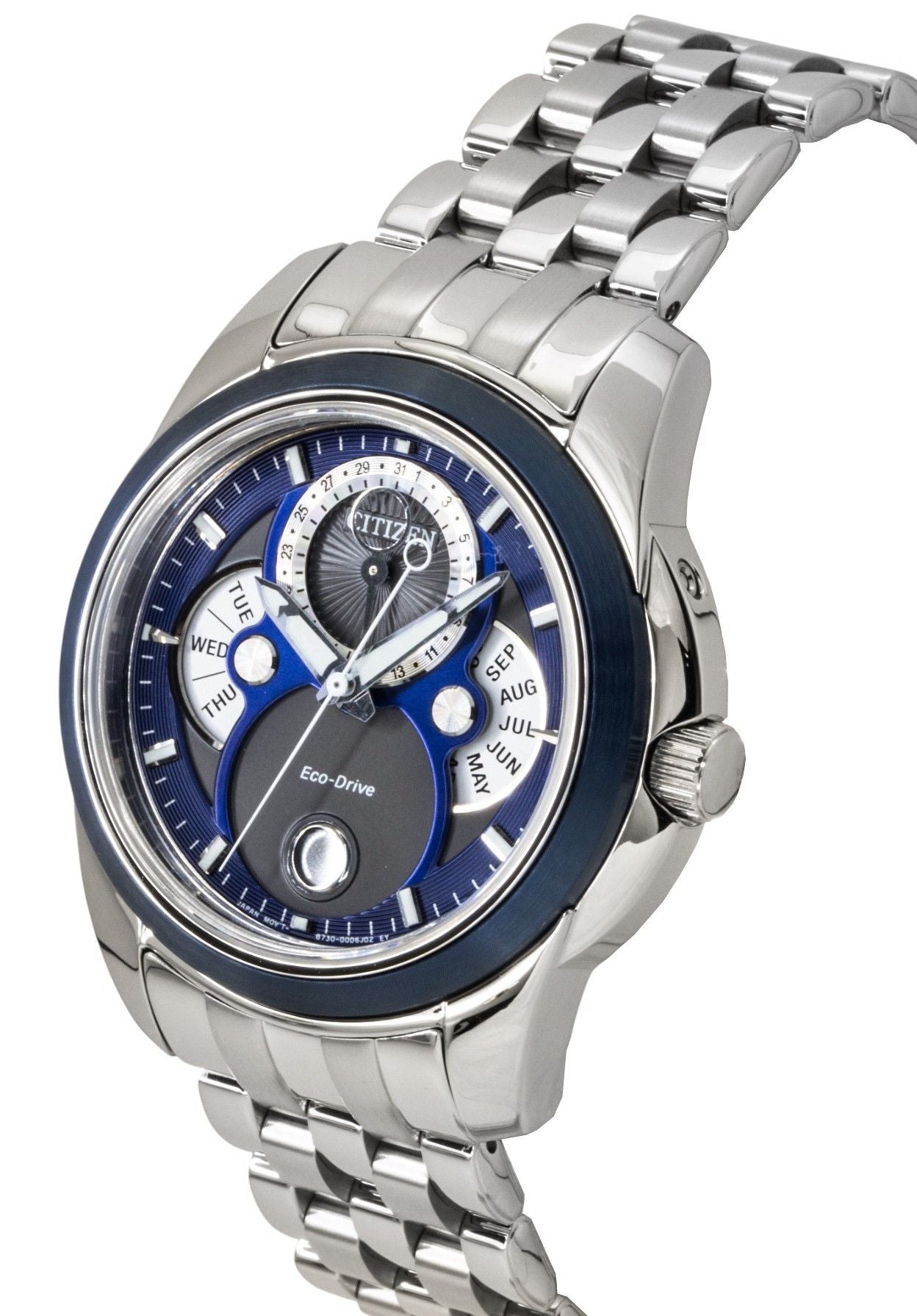 Citizen Calendrier Moon Phase Edelstahl Blaues Zifferblatt Eco-Drive BU0088-51H 100M Herrenuhr