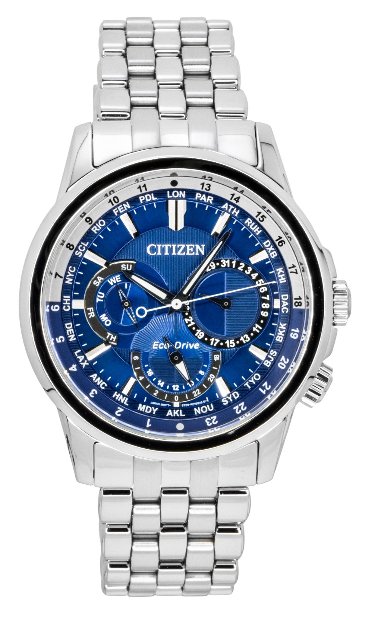 Citizen Calendrier Weltzeit Edelstahl Blaues Zifferblatt Eco-Drive BU2021-51L 100M Herrenuhr
