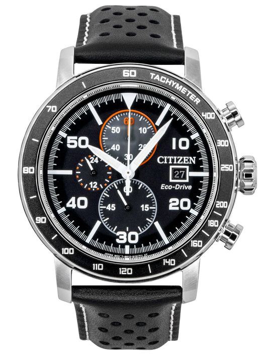 Citizen Brycen Chronograph Lederarmband Schwarzes Zifferblatt Eco-Drive CA0649-14E 100M Herrenuhr