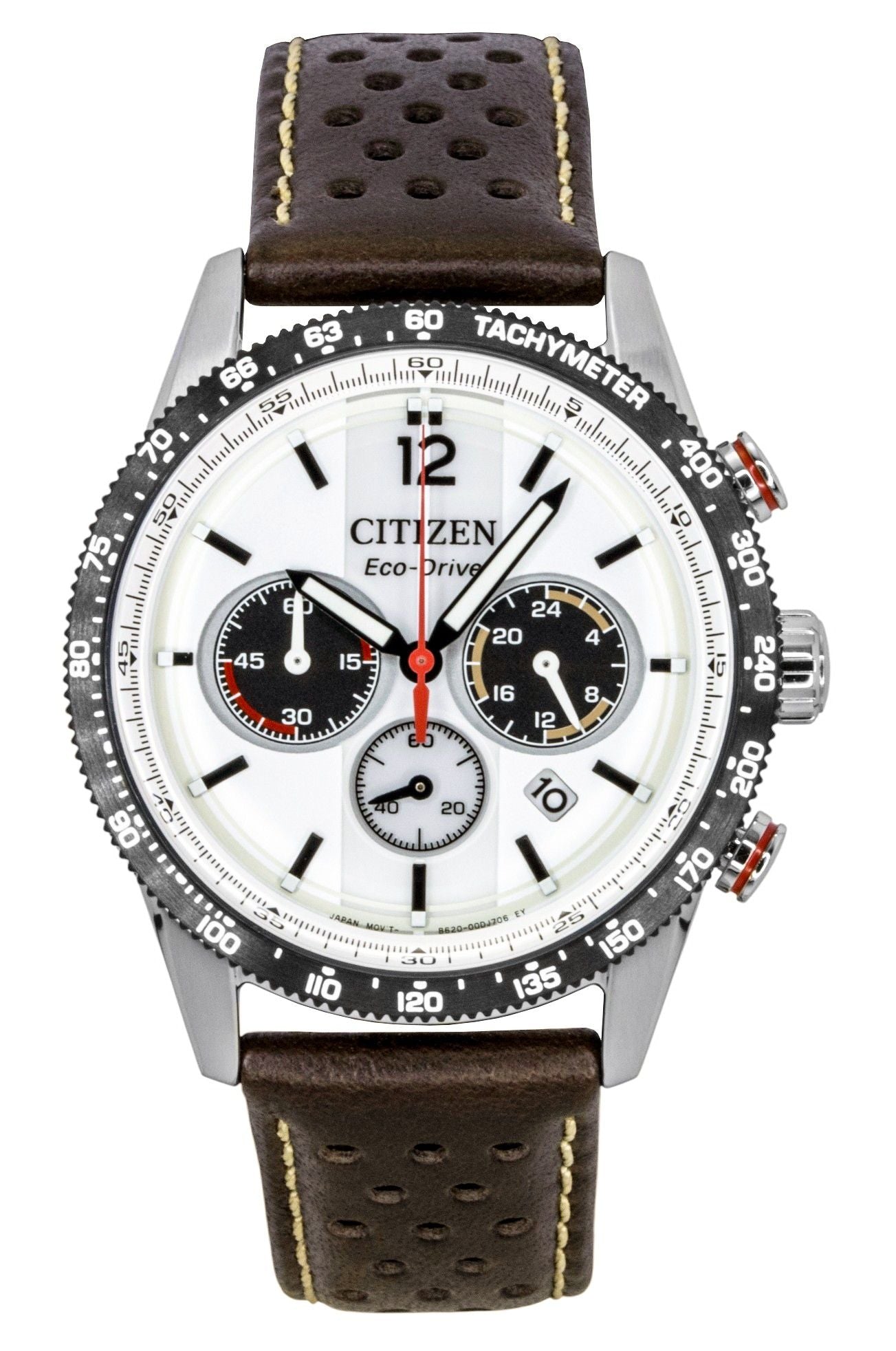 Citizen Eco-Drive Chronograph Analog Brown Lederarmband White Dial Solar CA4714-04A 100M Herrenuhr