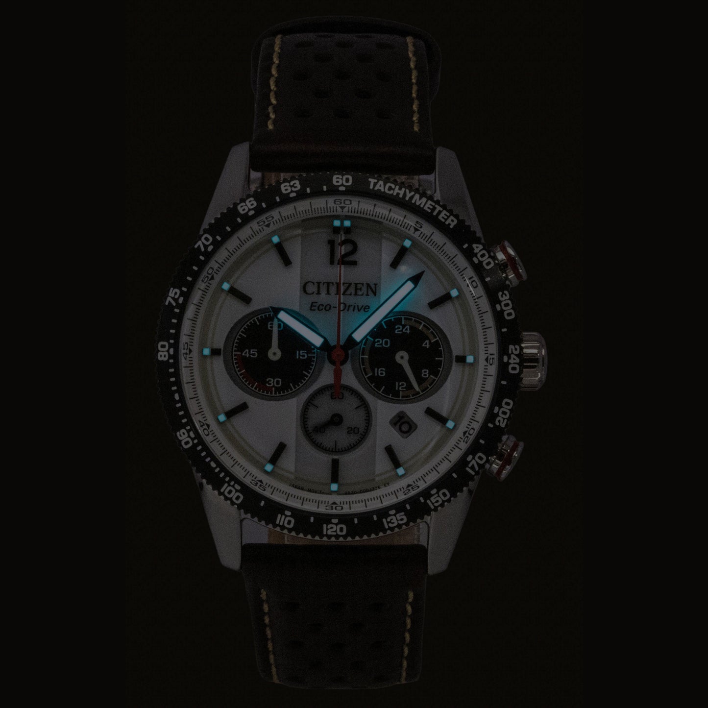 Citizen Eco-Drive Chronograph Analog Brown Lederarmband White Dial Solar CA4714-04A 100M Herrenuhr