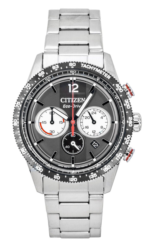 Citizen Eco-Drive Chronograph Analog Edelstahl Schwarzes Zifferblatt Solar CA4714-55E 100M Herrenuhr