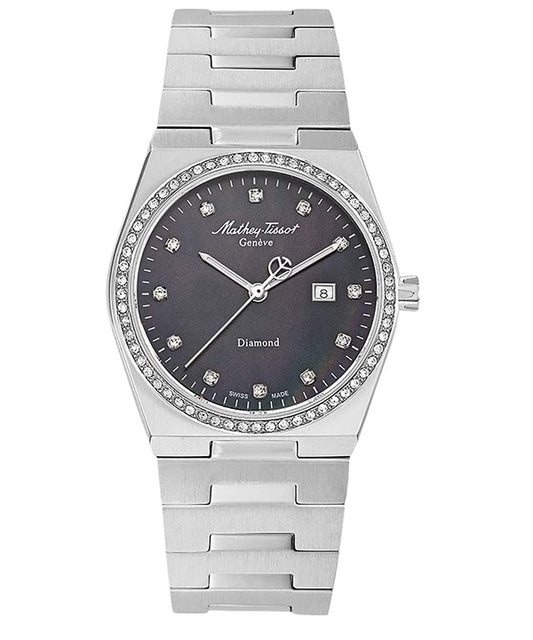 Mathey-Tissot Zeus Diamond Accents Edelstahl Schwarzes Zifferblatt Quarz D118SAN Damenuhr