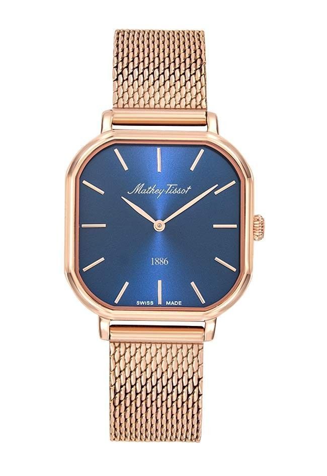 Mathey-Tissot Monsoon Square Rose Goldfarben Edelstahl Blaues Zifferblatt Quarz D7917PBU Damenuhr