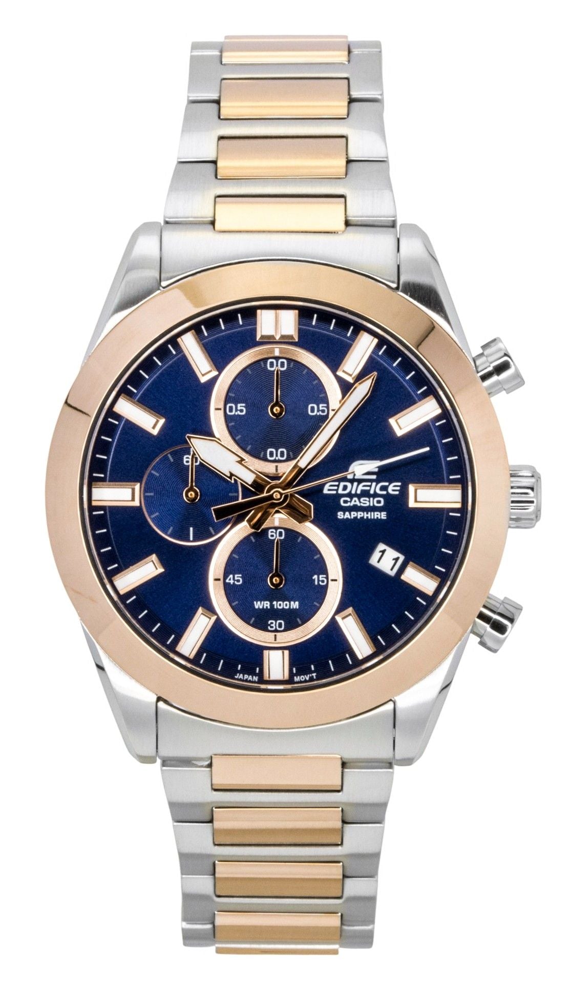 Casio Edifice Analog Chronograph Two Tone Edelstahl Blaues Zifferblatt Quarz EFB-710SG-2AV 100M Herrenuhr
