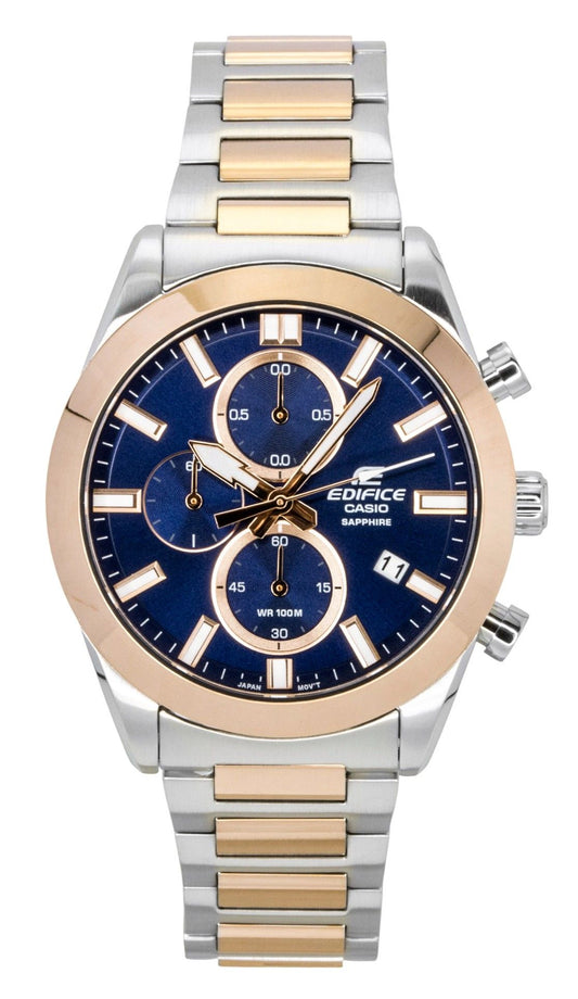 Casio Edifice Analog Chronograph Two Tone Edelstahl Blaues Zifferblatt Quarz EFB-710SG-2AV 100M Herrenuhr