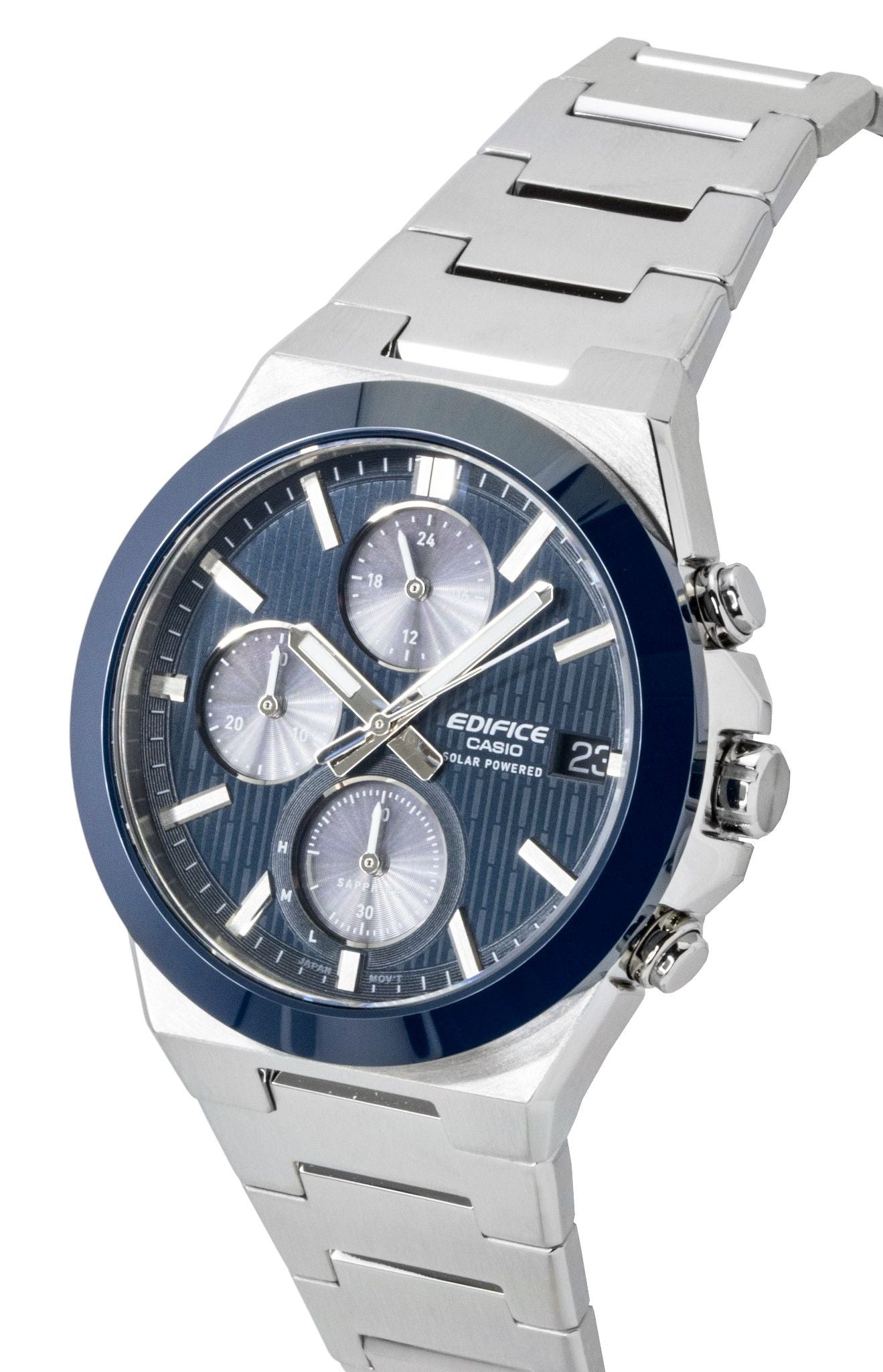 Casio Edifice Analog Chronograph Edelstahl Blaues Zifferblatt Solar EFS-S650D-2A 100M Herrenuhr