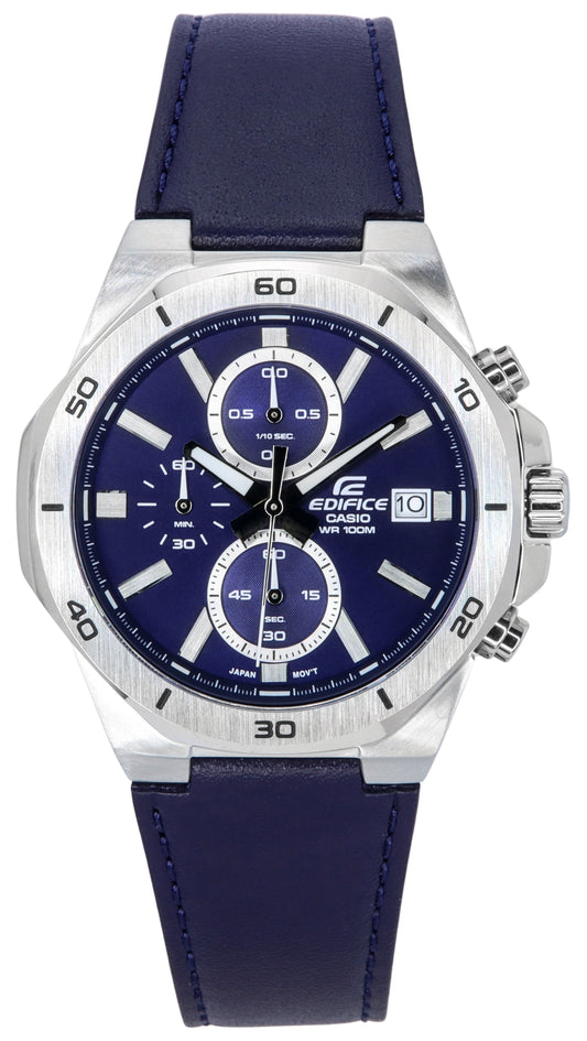 Casio Edifice Standard Chronograph Lederarmband Blaues Zifferblatt Quarz EFV-640L-2A 100M Herrenuhr