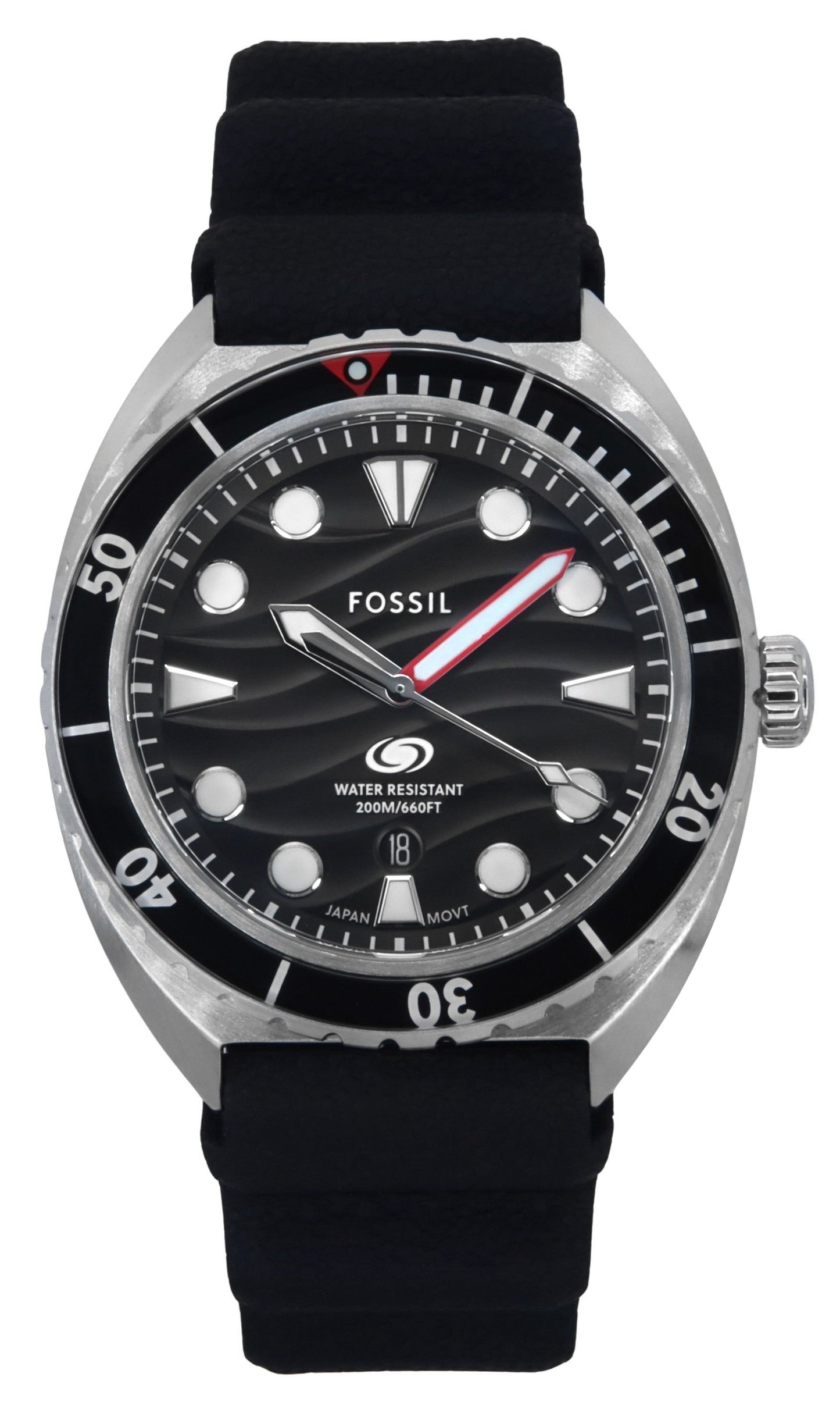 Fossil Breaker Silicone Strap Schwarzes Zifferblatt Quarz Taucher FS6062 200M Herrenuhr