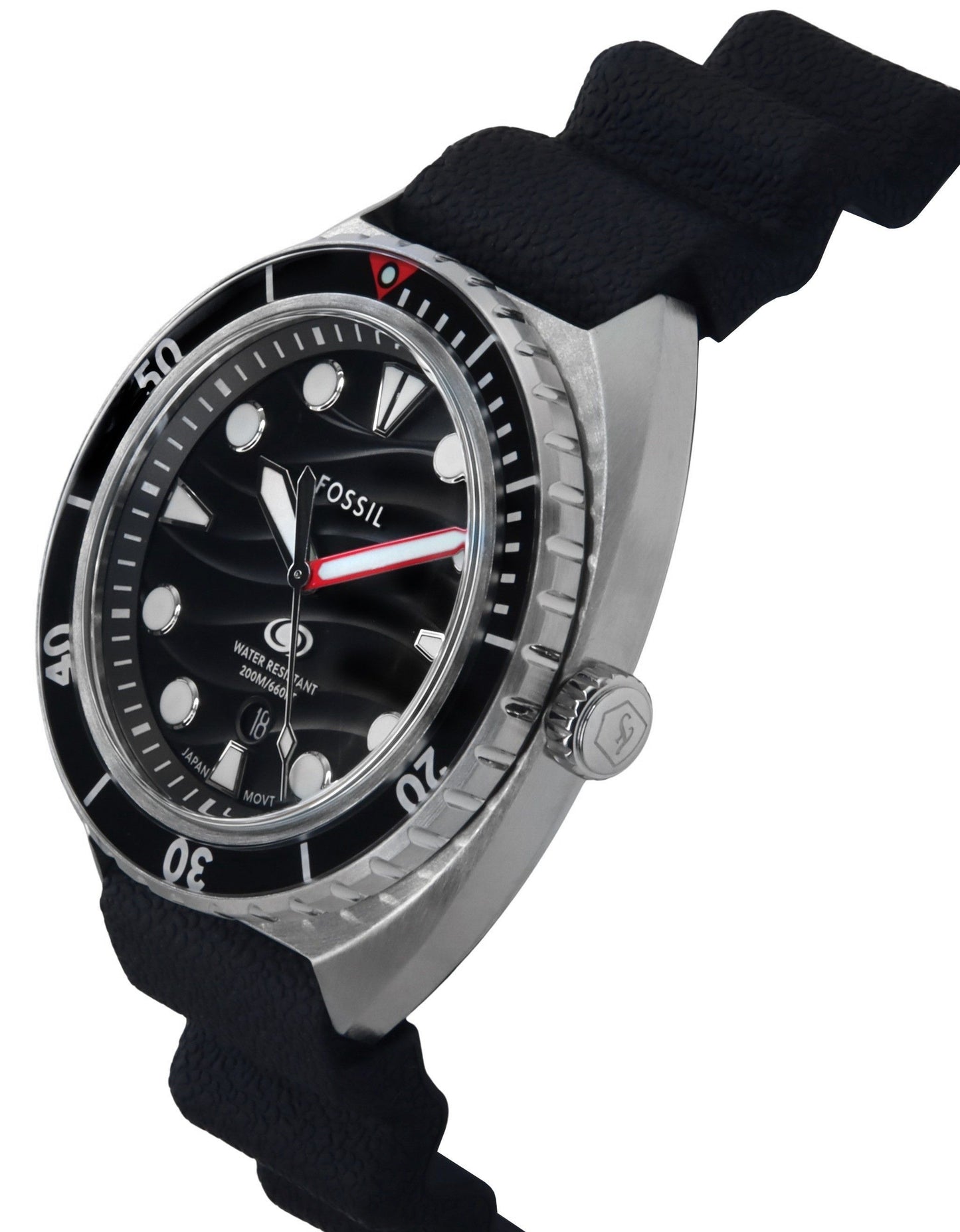 Fossil Breaker Silicone Strap Schwarzes Zifferblatt Quarz Taucher FS6062 200M Herrenuhr