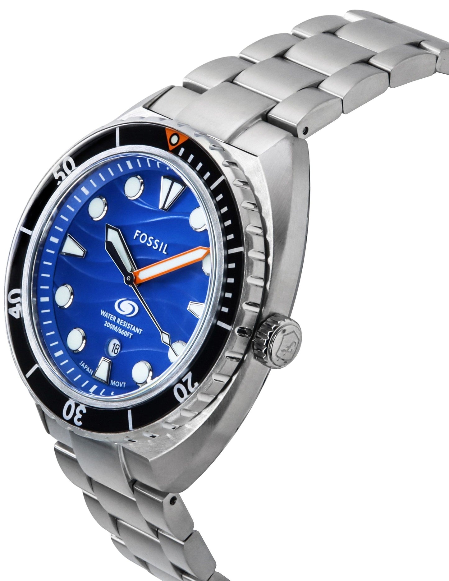 Fossil Breaker Edelstahl Blaues Zifferblatt Quarz Taucher FS6064 200M Herrenuhr