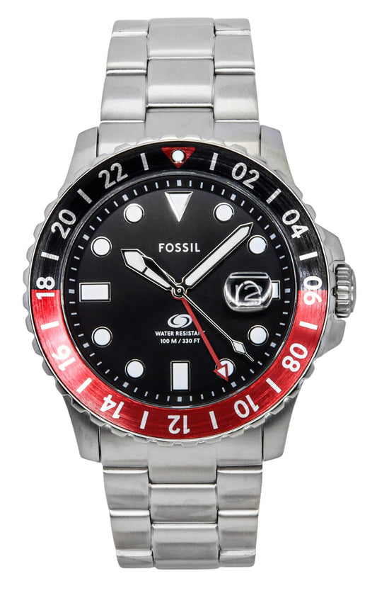 Fossil Blue GMT Edelstahl Schwarzes Zifferblatt Quarz FS6092 100M Herrenuhr