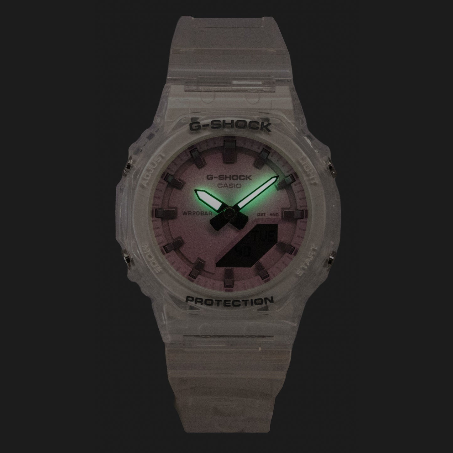 Casio G-Shock Analog Digital Transparent Resin Strap Pink Dial Quarz GMA-P2100SR-7A 200M Damenuhr