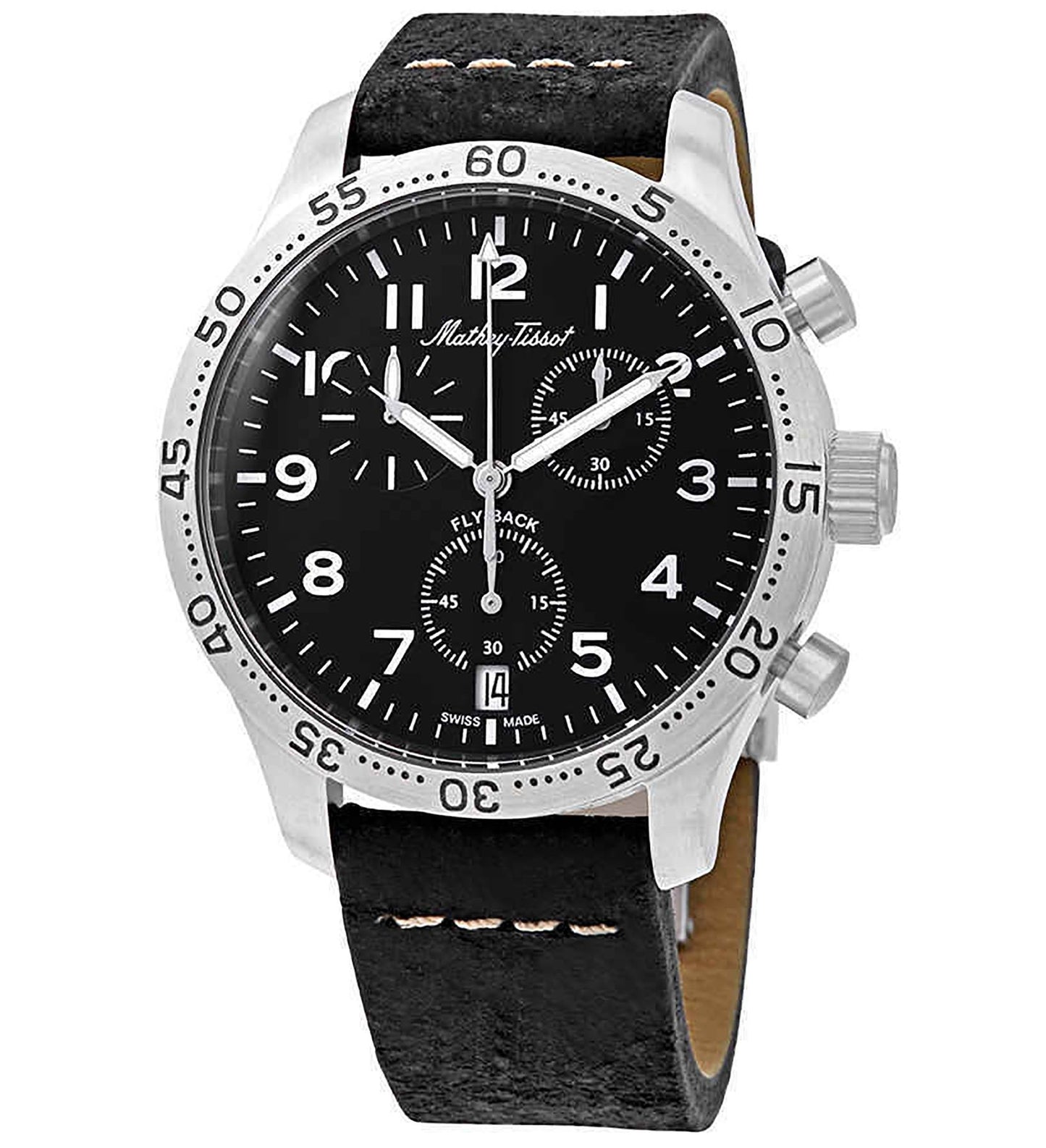 Mathey-Tissot Type 21 Flyback Chronograph Lederarmband Schwarzes Zifferblatt Quarz H1821CHALNG Herrenuhr