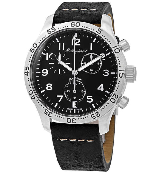 Mathey-Tissot Type 21 Flyback Chronograph Lederarmband Schwarzes Zifferblatt Quarz H1821CHALNG Herrenuhr