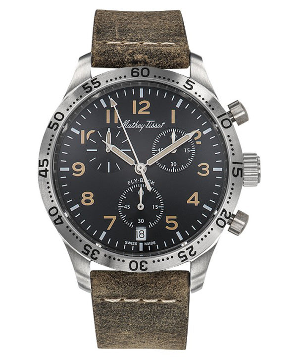 Mathey-Tissot Flyback Type 21 Chronograph Lederarmband Schwarzes Zifferblatt Quarz H1821CHALNO Herrenuhr