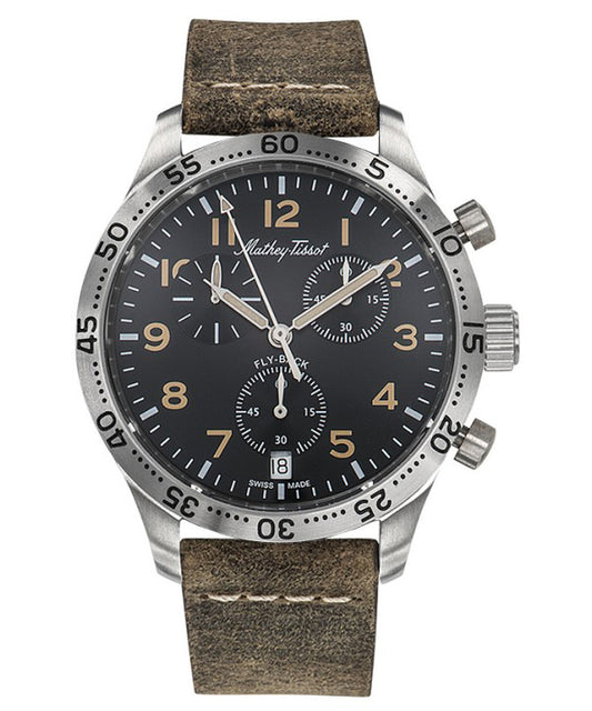Mathey-Tissot Flyback Type 21 Chronograph Lederarmband Schwarzes Zifferblatt Quarz H1821CHALNO Herrenuhr