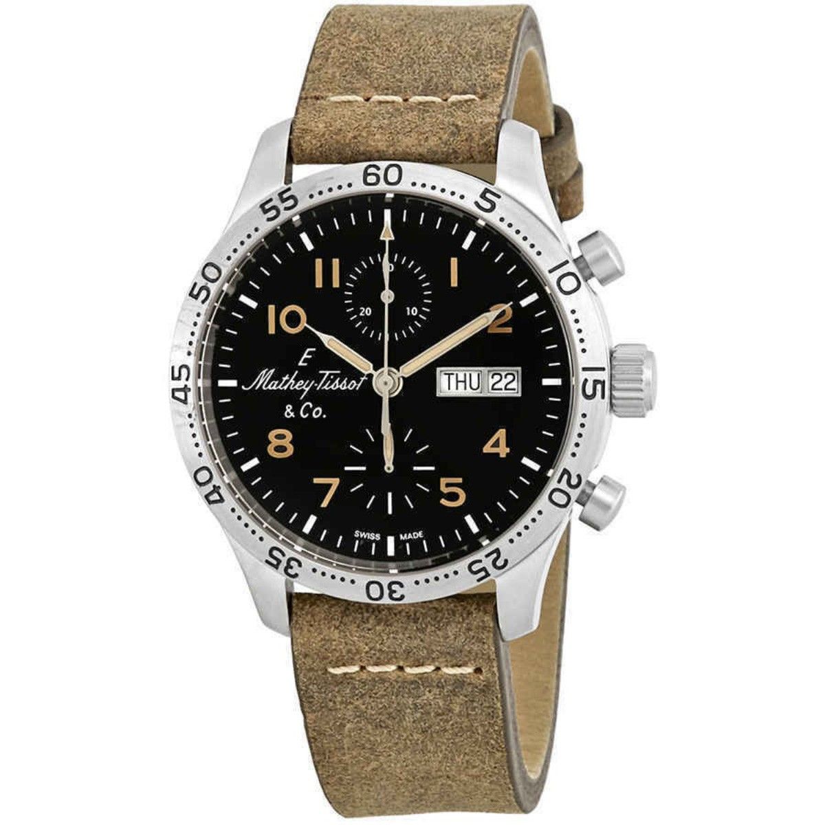 Mathey-Tissot Type 21 Chronograph Genuine Leather Schwarzes Zifferblatt Automatik H1821CHATLNO Herrenuhr