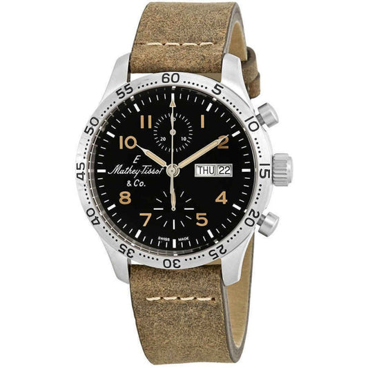 Mathey-Tissot Type 21 Chronograph Genuine Leather Schwarzes Zifferblatt Automatik H1821CHATLNO Herrenuhr