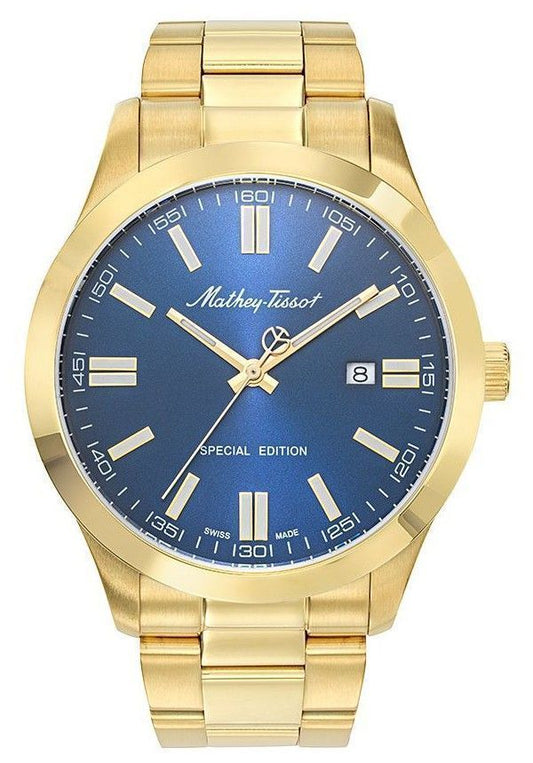Mathey-Tissot Mathy I Jumbo Special Edition Goldfarben Edelstahl Blaues Zifferblatt Quarz H455PBU Herrenuhr