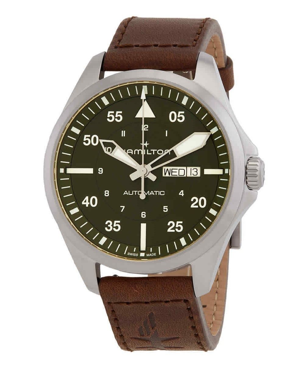 Hamilton Khaki Aviation Pilot Lederarmband Gr?nes Zifferblatt Automatik H64635560 100M Herrenuhr