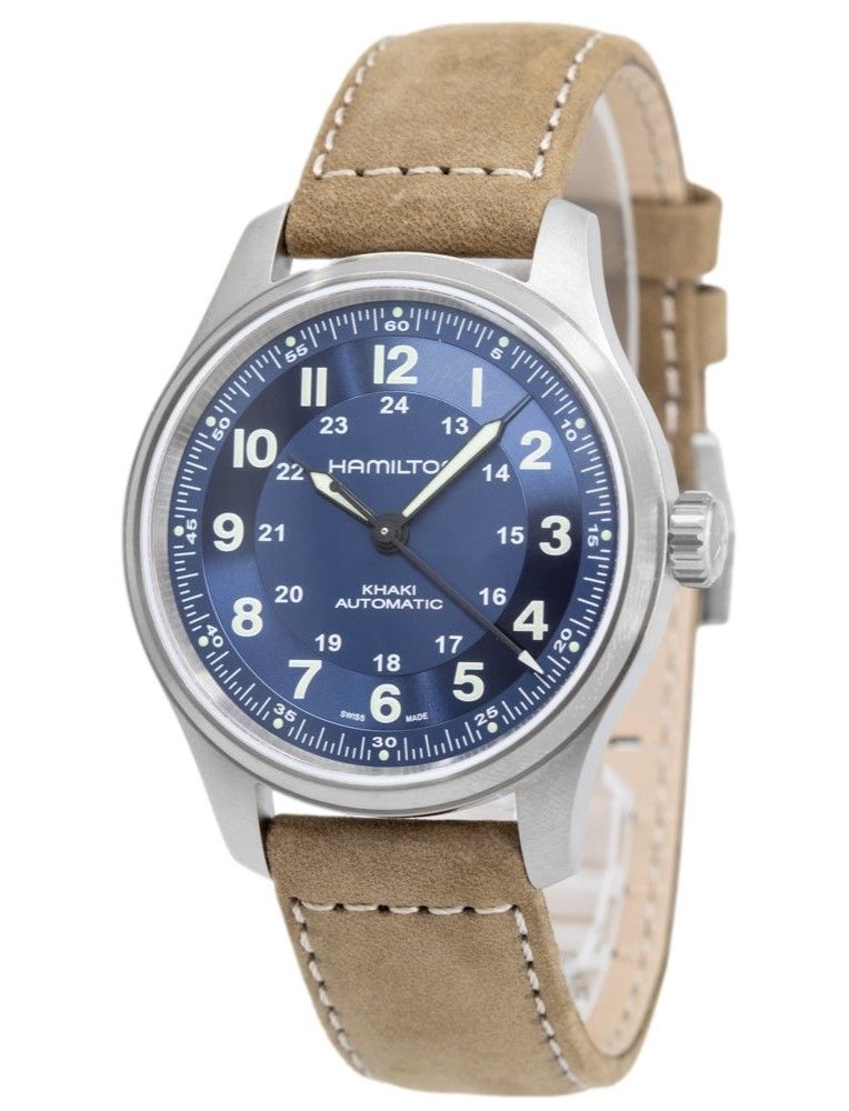 Hamilton Khaki Field Titanium Lederarmband Blaues Zifferblatt Automatik H70545540 100M Herrenuhr