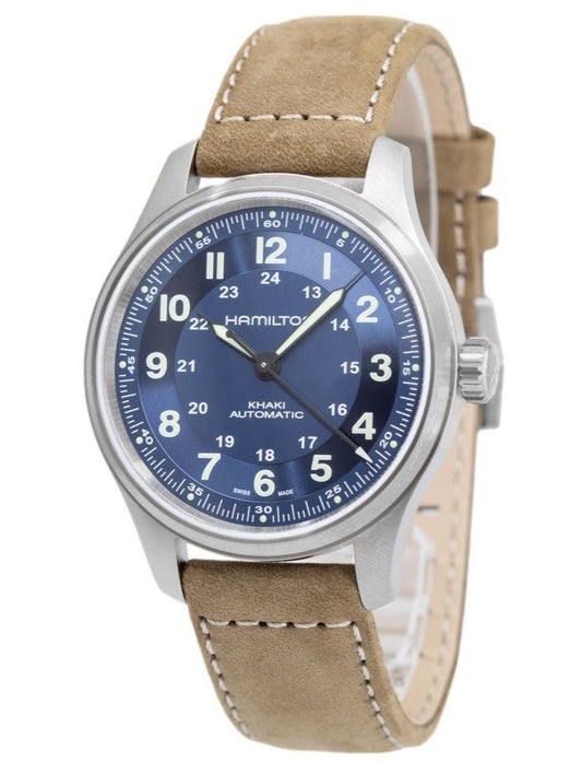 Hamilton Khaki Field Titanium Lederarmband Blaues Zifferblatt Automatik H70545540 100M Herrenuhr