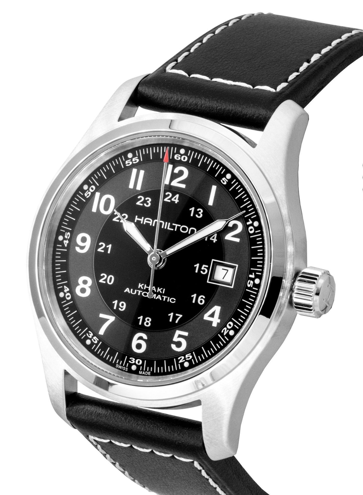 Hamilton Khaki Lederarmband Schwarzes Zifferblatt Automatik H70605733 100M Herrenuhr