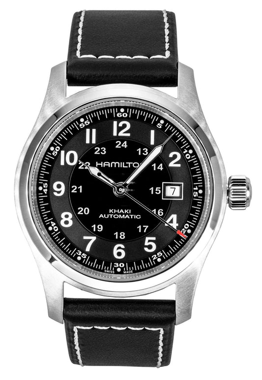 Hamilton Khaki Lederarmband Schwarzes Zifferblatt Automatik H70605733 100M Herrenuhr