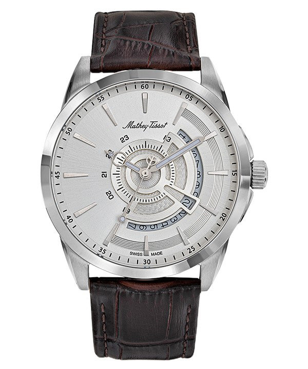Mathey-Tissot Mondo Lederarmband Silberfarbenes Zifferblatt Quarz H711AS Herrenuhr