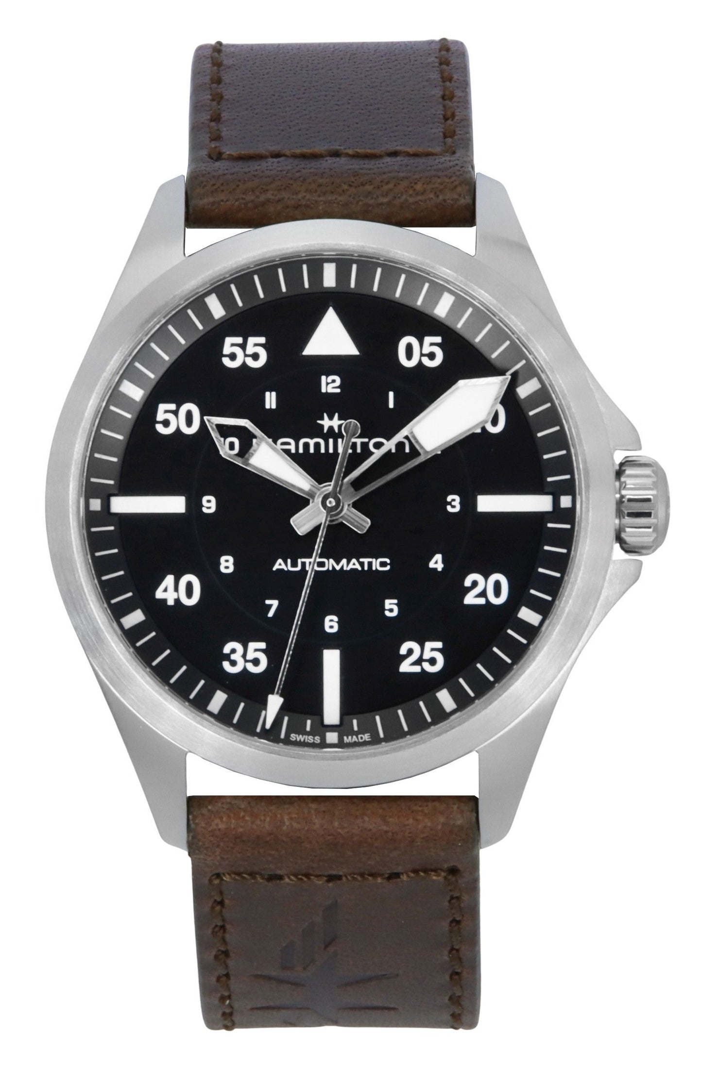Hamilton Khaki Aviation Pilot Lederarmband Schwarzes Zifferblatt Automatik H76305530 100M Herrenuhr