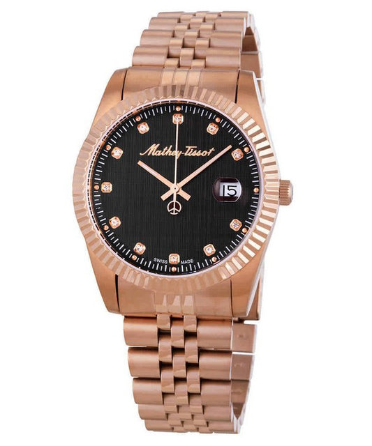 Mathey-Tissot Mathy III Rose Gold PVD Crystal Accents Schwarzes Zifferblatt Quarz H810PRM Herrenuhr