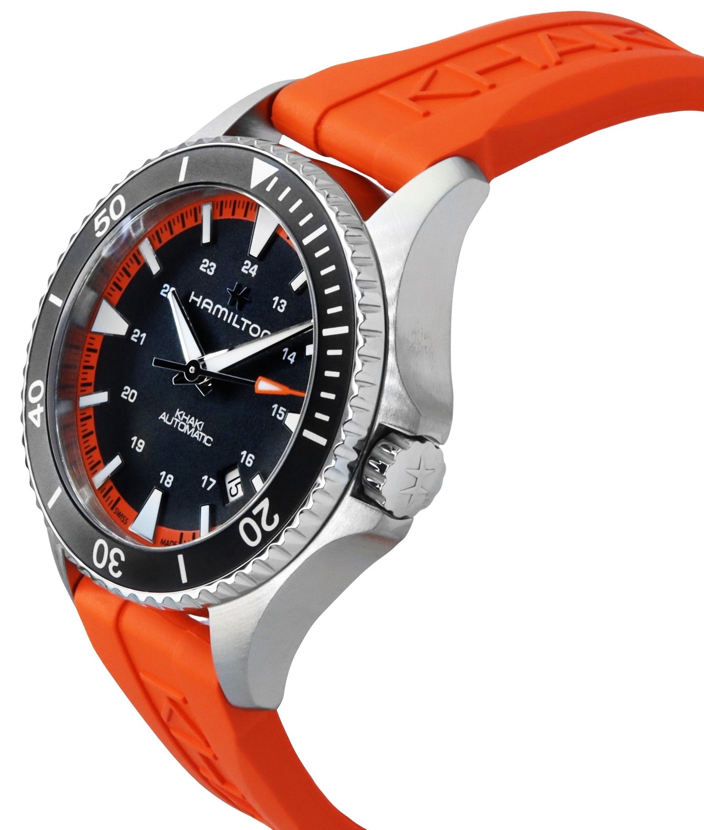 Hamilton Khaki Navy Scuba Orange Rubber Strap Schwarzes Zifferblatt Automatik H82395331 100M Herrenuhr