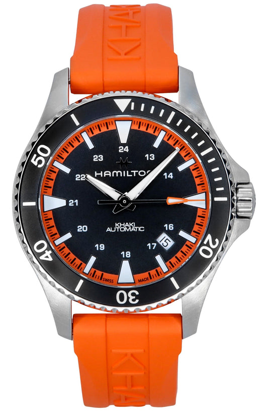 Hamilton Khaki Navy Scuba Orange Rubber Strap Schwarzes Zifferblatt Automatik H82395331 100M Herrenuhr