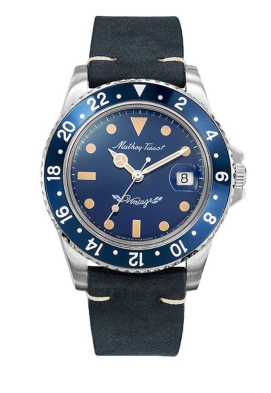 Mathey-Tissot Mathy Vintage Automatik Lederarmband Blaues Zifferblatt H900ATLBU 100M Herrenuhr