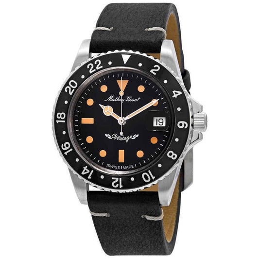 Mathey-Tissot Mathy Vintage Automatik Lederarmband Schwarzes Zifferblatt H900ATLN 100M Herrenuhr