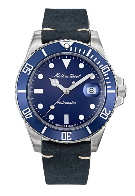 Mathey-Tissot Mathy Vintage Genuine Lederarmband Blaues Zifferblatt Automatik H901ATLBU 100M Herrenuhr