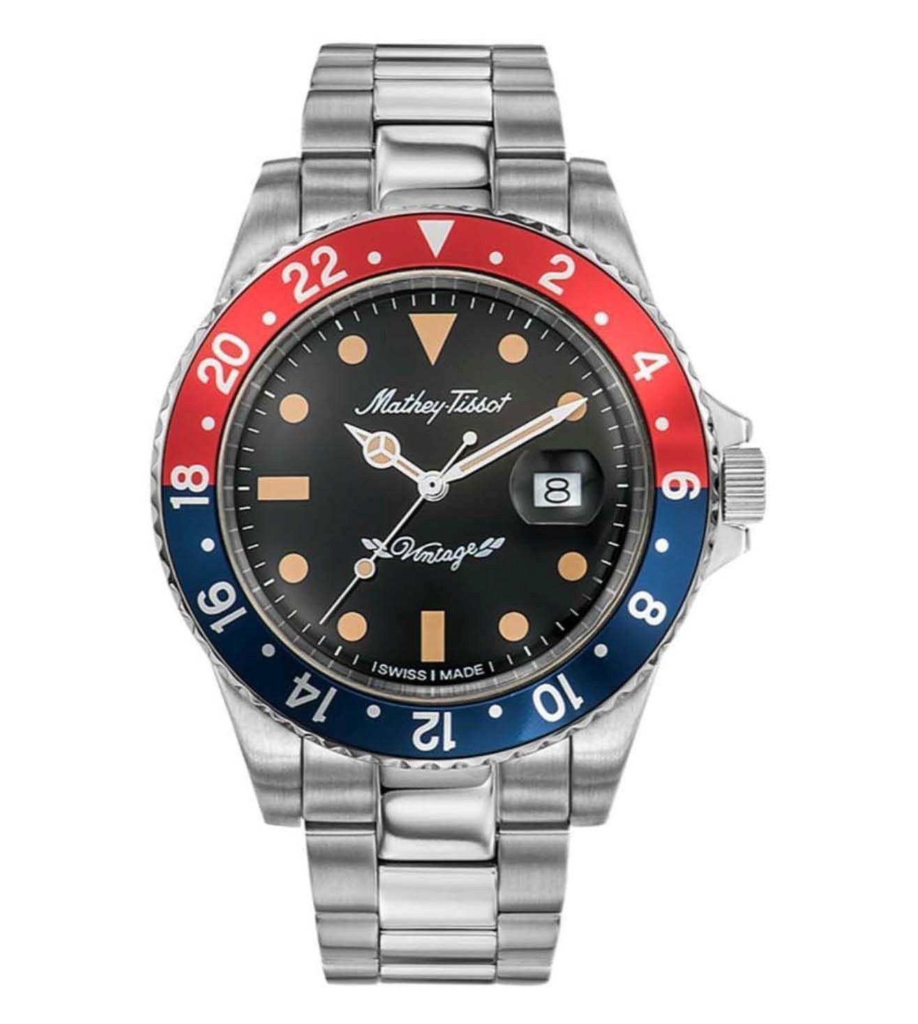Mathey-Tissot Mathy Vintage Red and Blue Pepsi Bezel Schwarzes Zifferblatt Automatik H901ATR 100M Herrenuhr