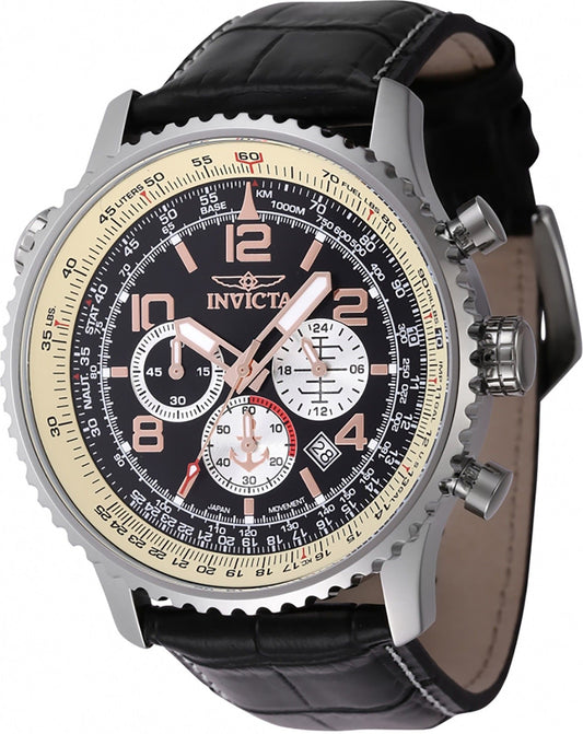 Invicta Ocean Voyage Chronograph Lederarmband Schwarzes Zifferblatt Quarz Taucher 47255 200M Herrenuhr