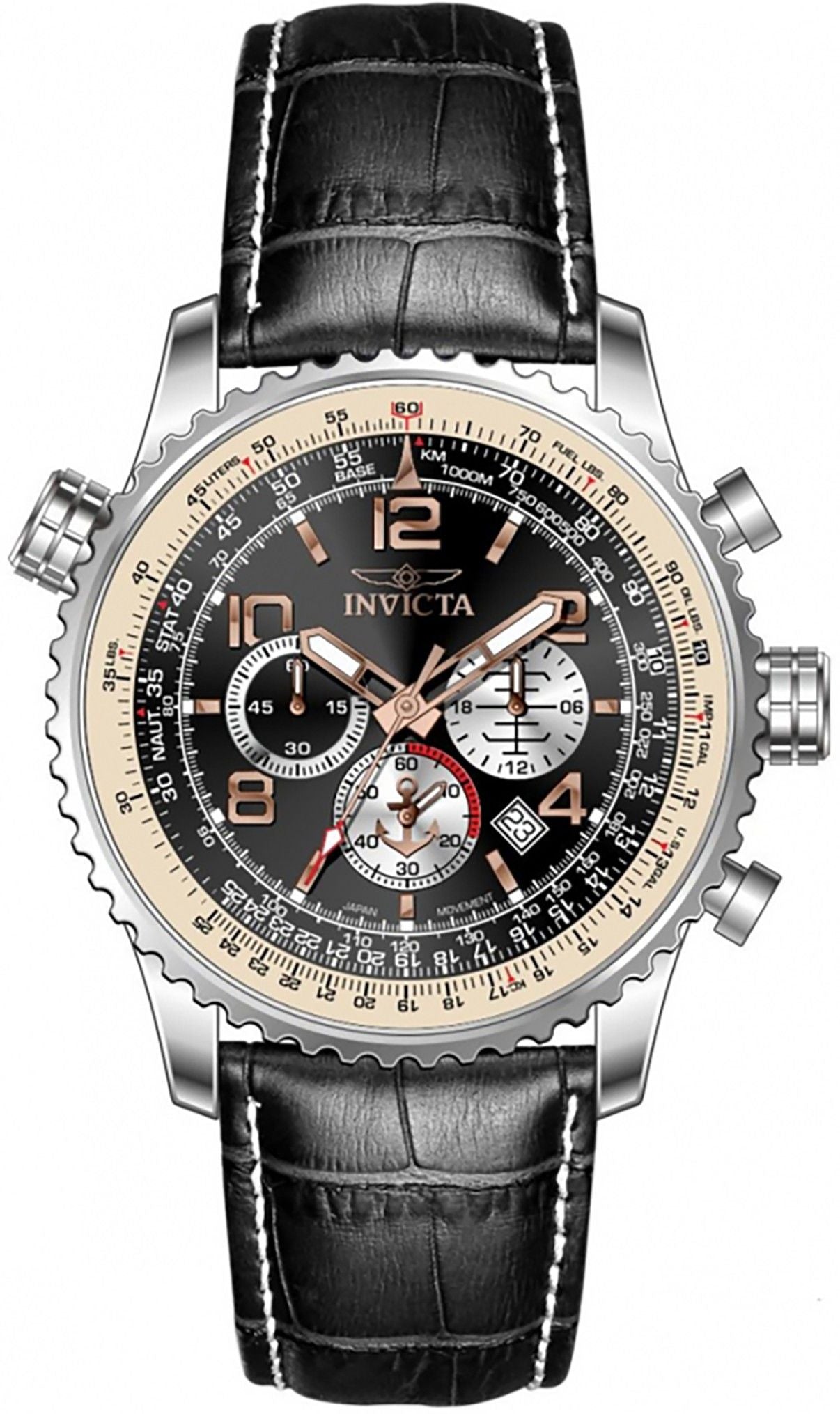 Invicta Ocean Voyage Chronograph Lederarmband Schwarzes Zifferblatt Quarz Taucher 47255 200M Herrenuhr