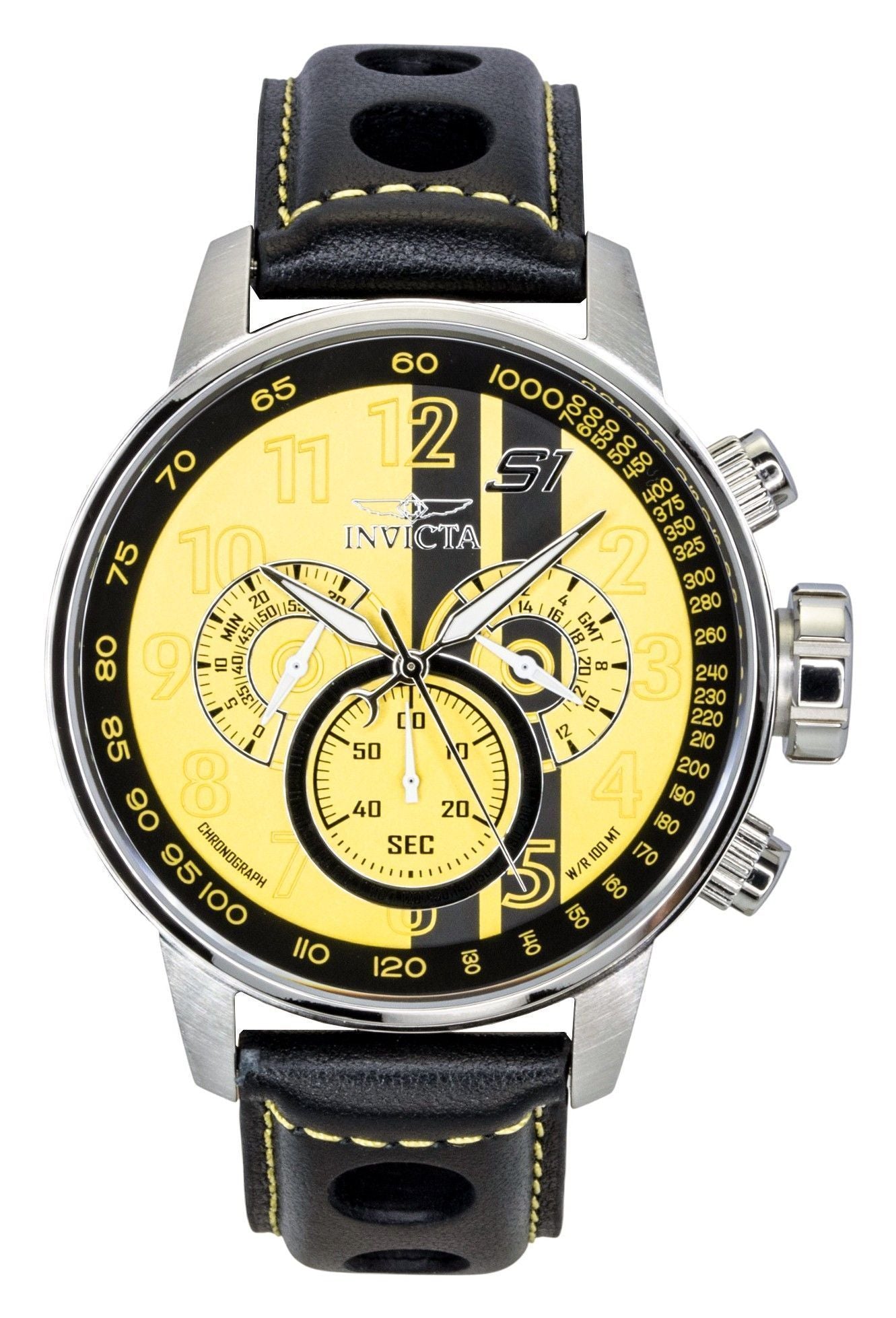 Invicta S1 Rally Chronograph GMT Lederarmband Yellow and Schwarzes Zifferblatt Quarz 48616 100M Herrenuhr
