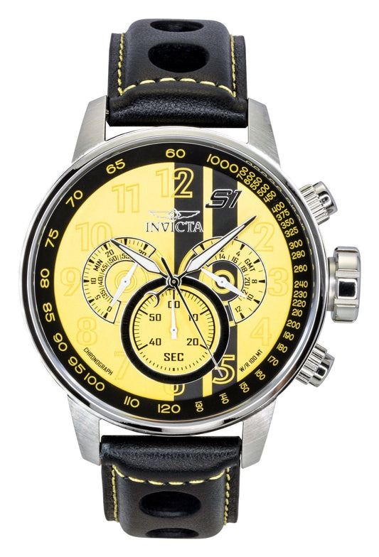 Invicta S1 Rally Chronograph GMT Lederarmband Yellow and Schwarzes Zifferblatt Quarz 48616 100M Herrenuhr