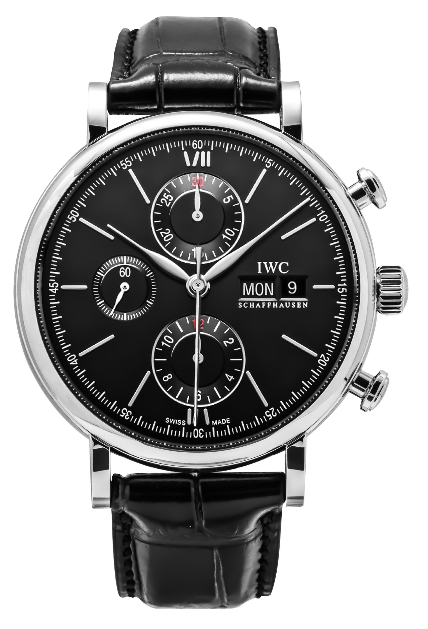 IWC Portofino Chronograph Lederarmband Schwarzes Zifferblatt Automatik IW391029 Herrenuhr