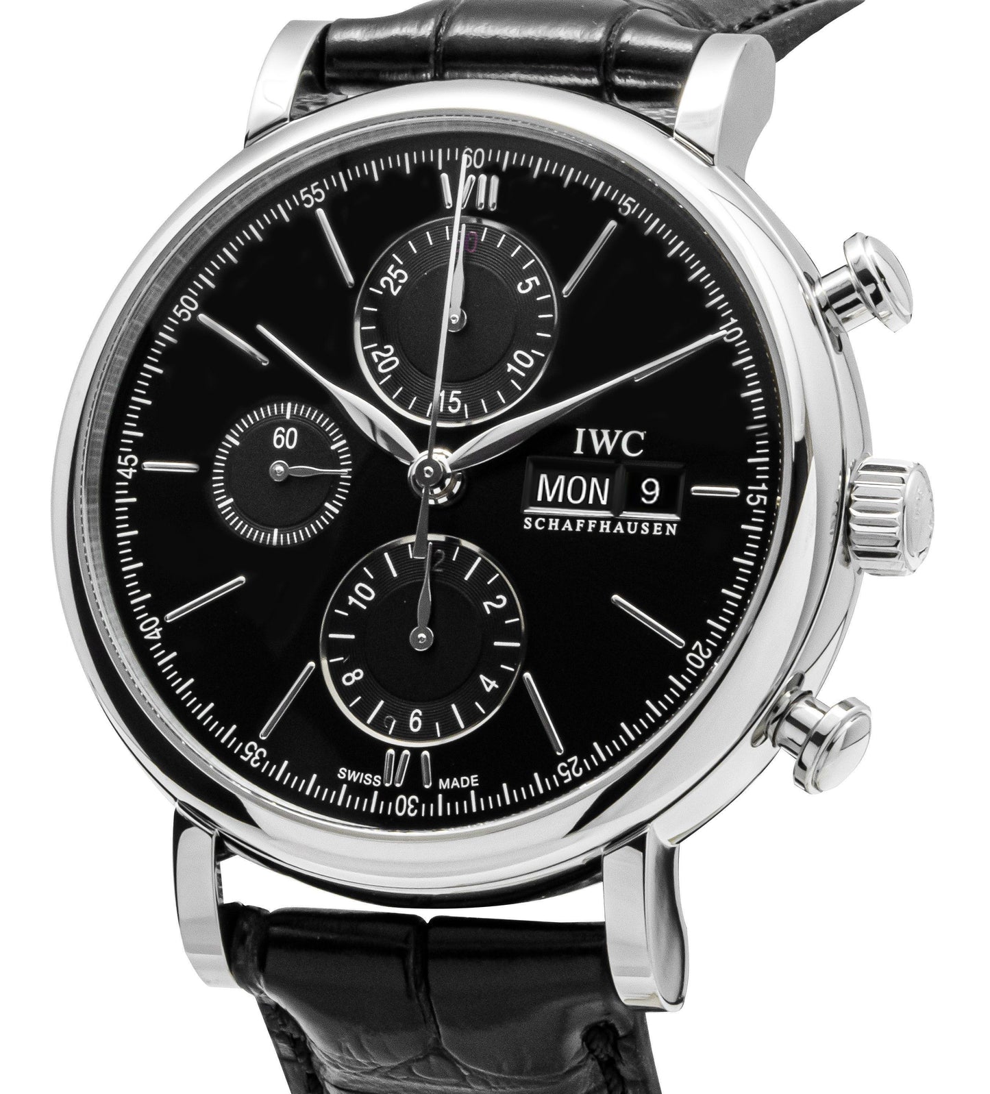 IWC Portofino Chronograph Lederarmband Schwarzes Zifferblatt Automatik IW391029 Herrenuhr
