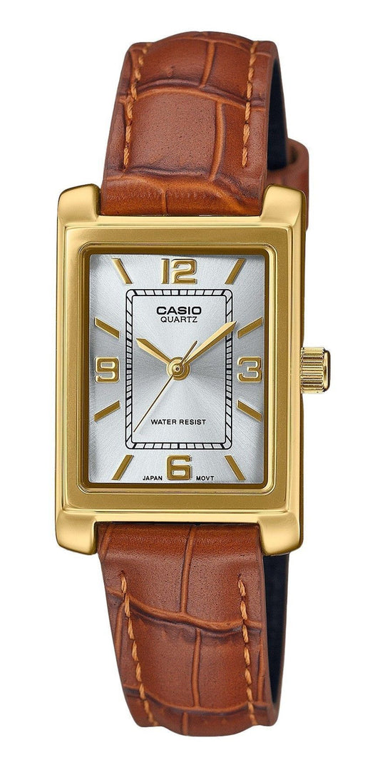 Casio Standard Analog Brown Lederarmband Silberfarbenes Zifferblatt Quarz LTP-1234GLL-7A Damenuhr